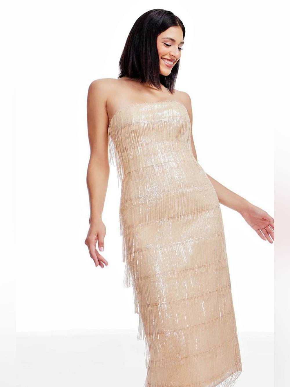 Dress the Population Viviana Dress Sequin Fringe Midi Cream XL